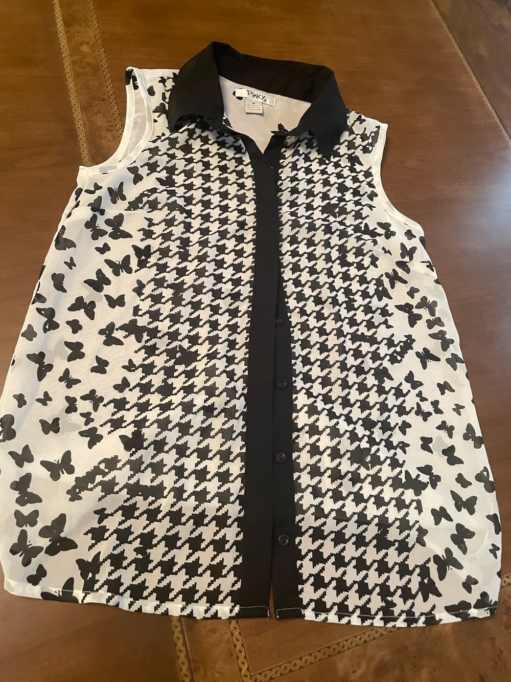 Pinky Black & White Sleeveless Butterfly Houndstooth Blouse